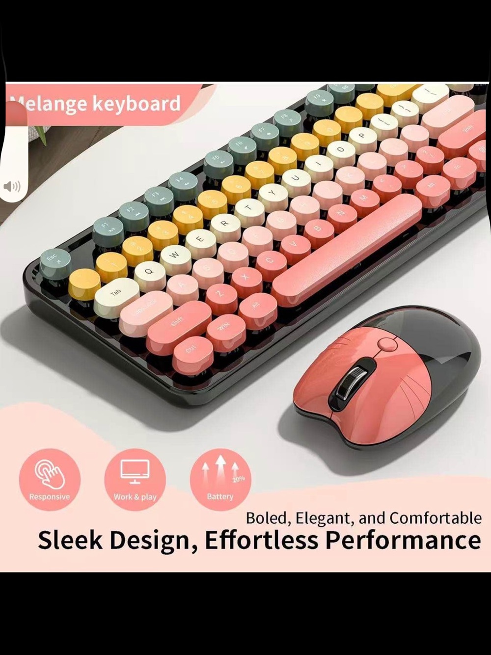 Wireless Retro Round-Key Keyboard & Matching Mouse - Multicolor - Picture 3 of 8